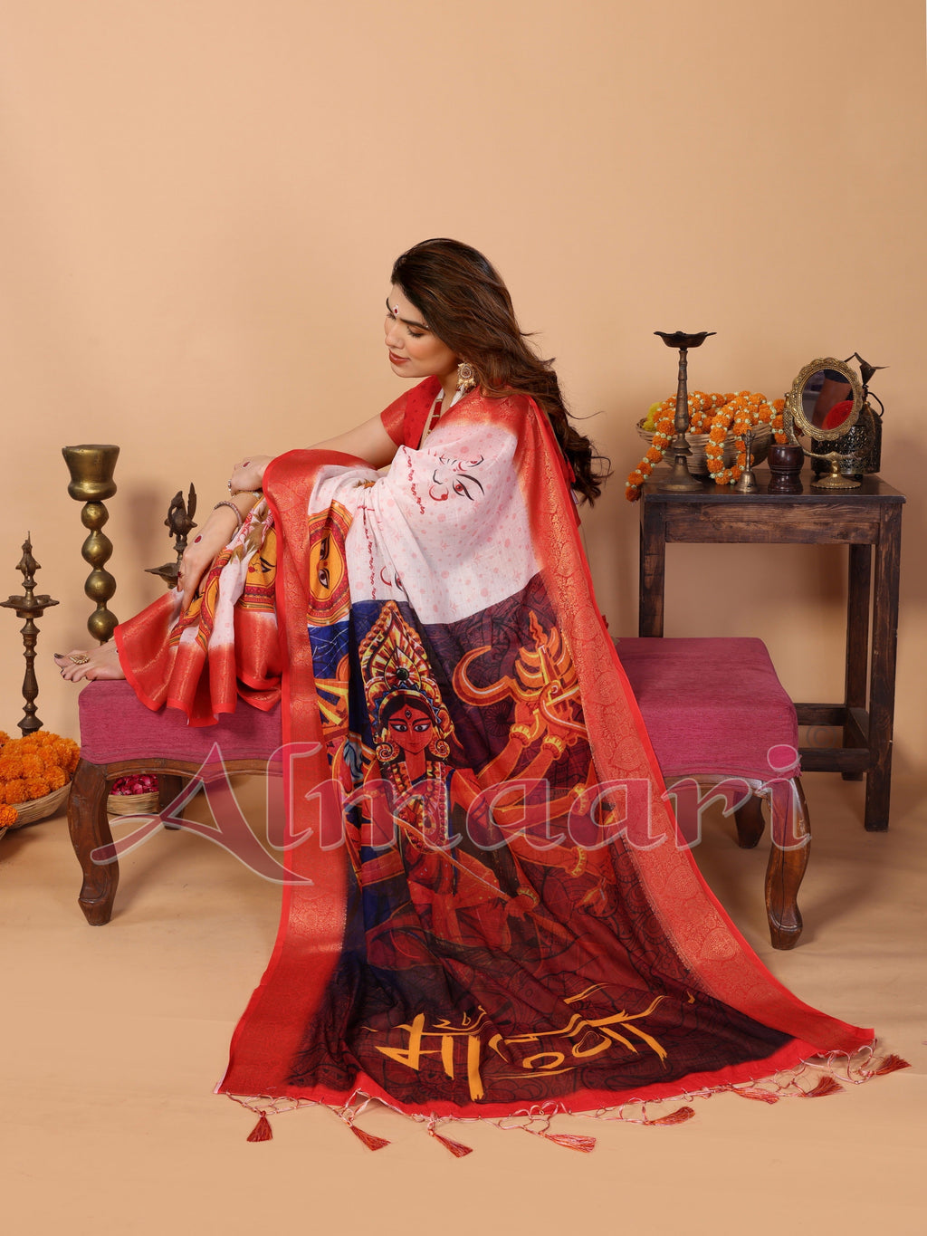 White & Crimson Red Handloom Linen Saree with Kali Maa Digital Artwork Pallu & Zari Border | Durga Puja Special Drape with Tassels