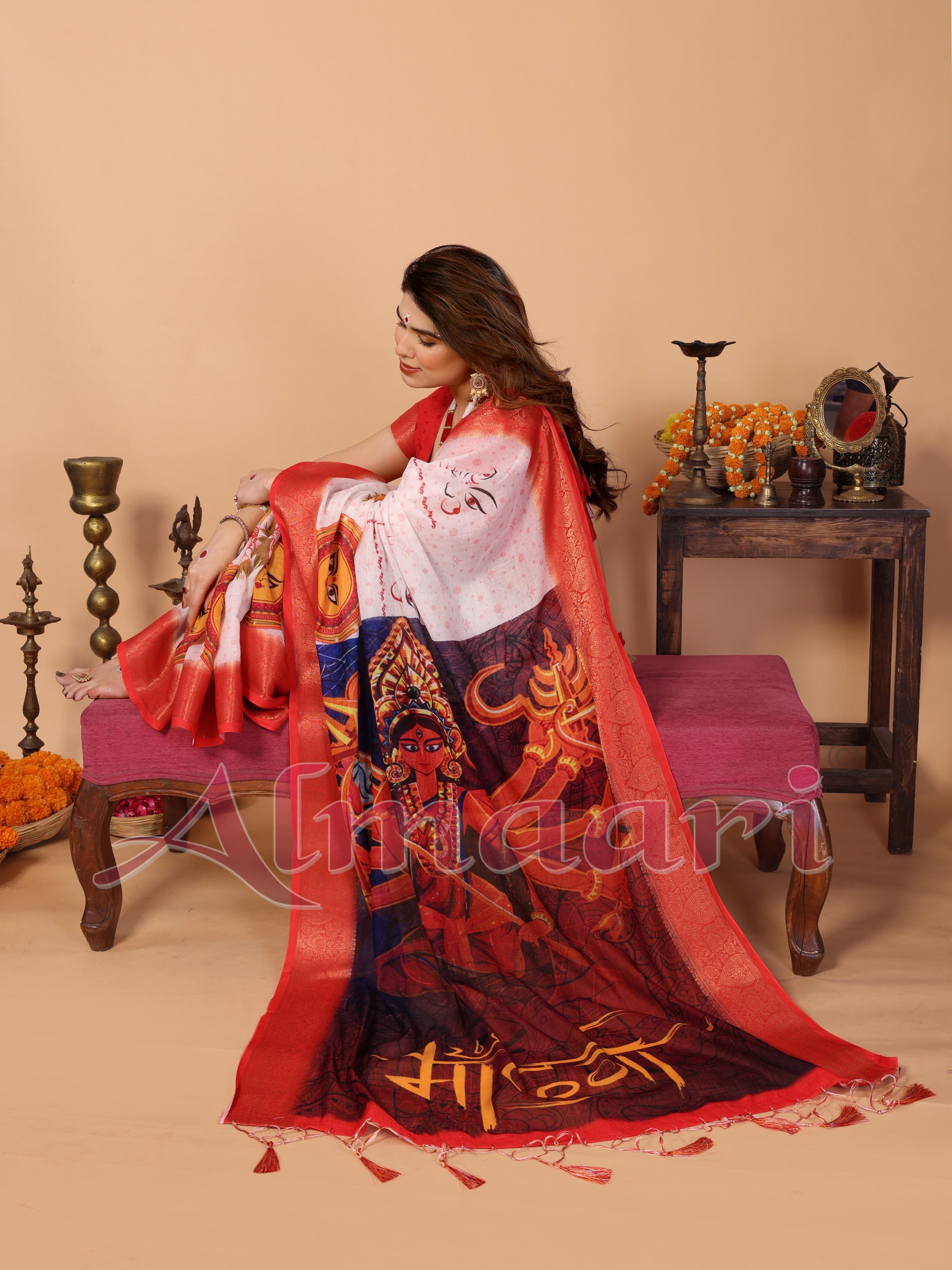 White & Crimson Red Handloom Linen Saree with Kali Maa Digital Artwork Pallu & Zari Border | Durga Puja Special Drape with Tassels
