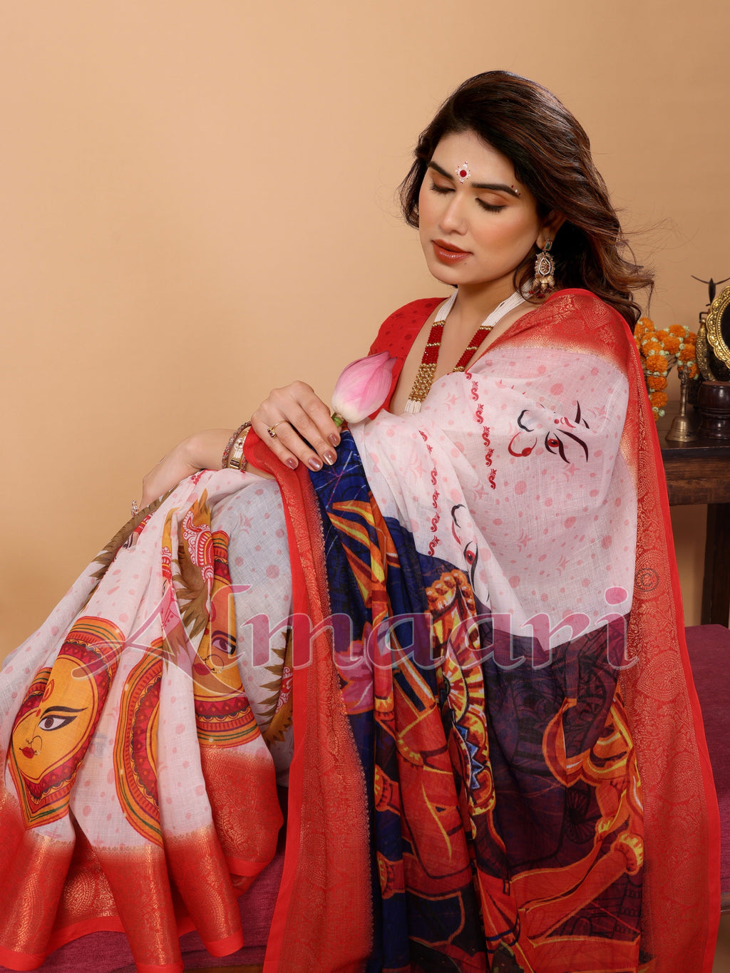 White & Crimson Red Handloom Linen Saree with Kali Maa Digital Artwork Pallu & Zari Border | Durga Puja Special Drape with Tassels