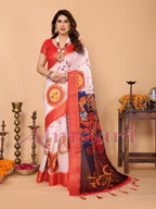 White & Crimson Red Handloom Linen Saree with Kali Maa Digital Artwork Pallu & Zari Border | Durga Puja Special Drape with Tassels