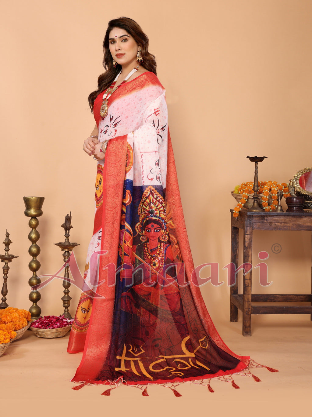 White & Crimson Red Handloom Linen Saree with Kali Maa Digital Artwork Pallu & Zari Border | Durga Puja Special Drape with Tassels