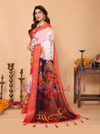 White & Crimson Red Handloom Linen Saree with Kali Maa Digital Artwork Pallu & Zari Border | Durga Puja Special Drape with Tassels