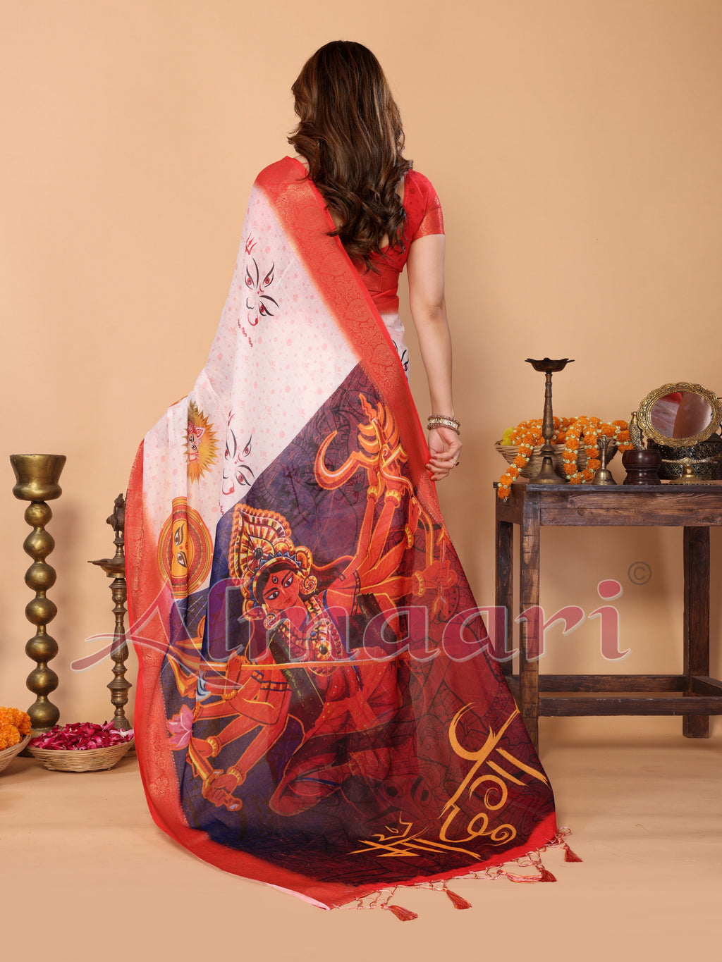 White & Crimson Red Handloom Linen Saree with Kali Maa Digital Artwork Pallu & Zari Border | Durga Puja Special Drape with Tassels