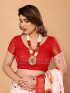 White & Crimson Red Handloom Linen Saree with Kali Maa Digital Artwork Pallu & Zari Border | Durga Puja Special Drape with Tassels