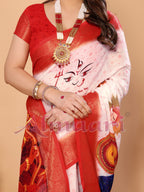 White & Crimson Red Handloom Linen Saree with Kali Maa Digital Artwork Pallu & Zari Border | Durga Puja Special Drape with Tassels