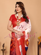 White & Crimson Red Handloom Linen Saree with Kali Maa Digital Artwork Pallu & Zari Border | Durga Puja Special Drape with Tassels