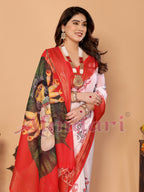 Off-White & Red Handloom Linen Saree with Seated Maa Durga Artwork on Lotus Leaf | Zari Border & Spiritual Calligraphy Pallu