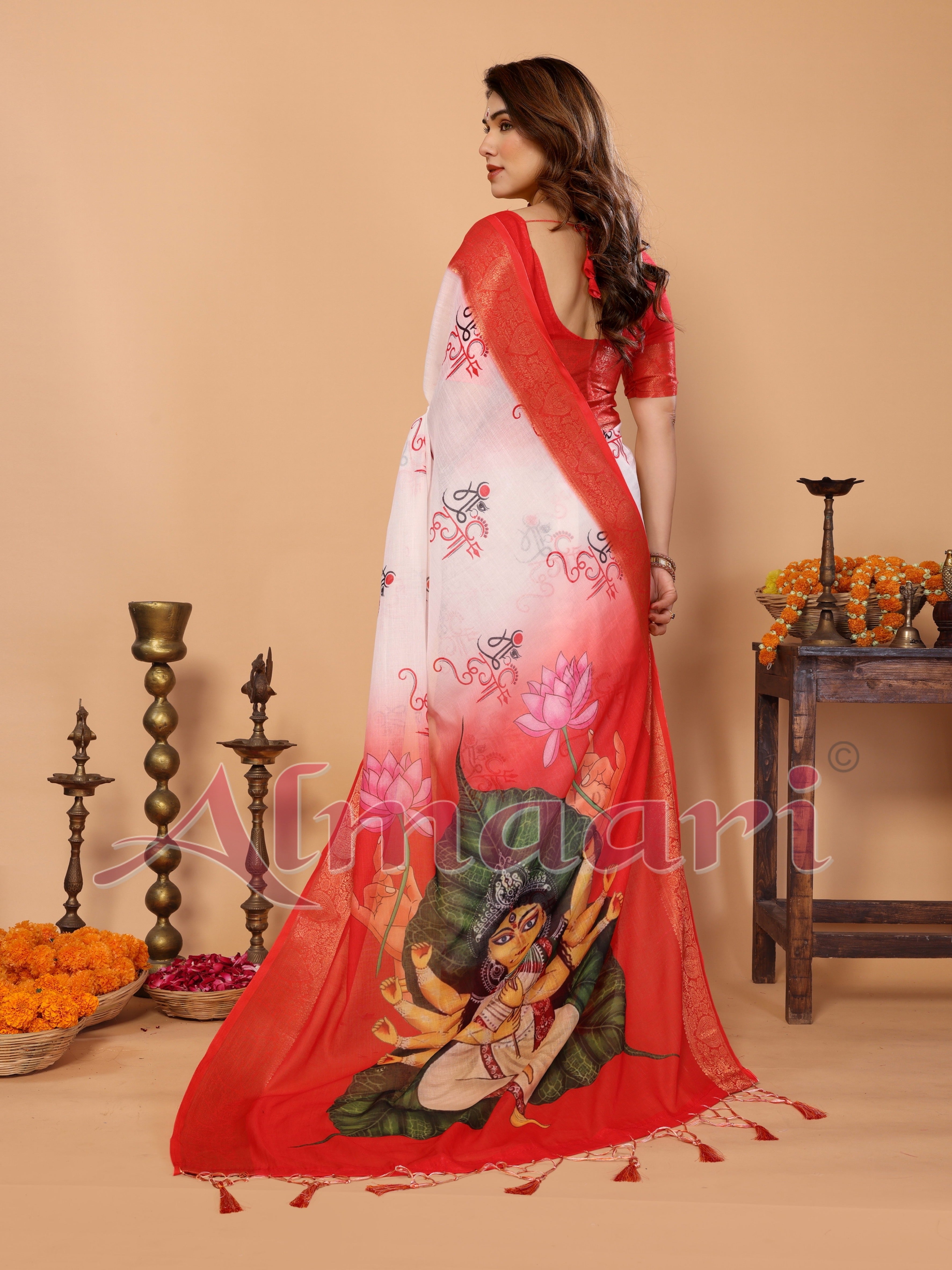 Off-White & Red Handloom Linen Saree with Seated Maa Durga Artwork on Lotus Leaf | Zari Border & Spiritual Calligraphy Pallu