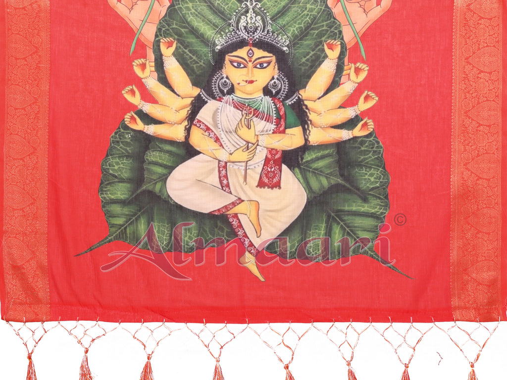 Off-White & Red Handloom Linen Saree with Seated Maa Durga Artwork on Lotus Leaf | Zari Border & Spiritual Calligraphy Pallu