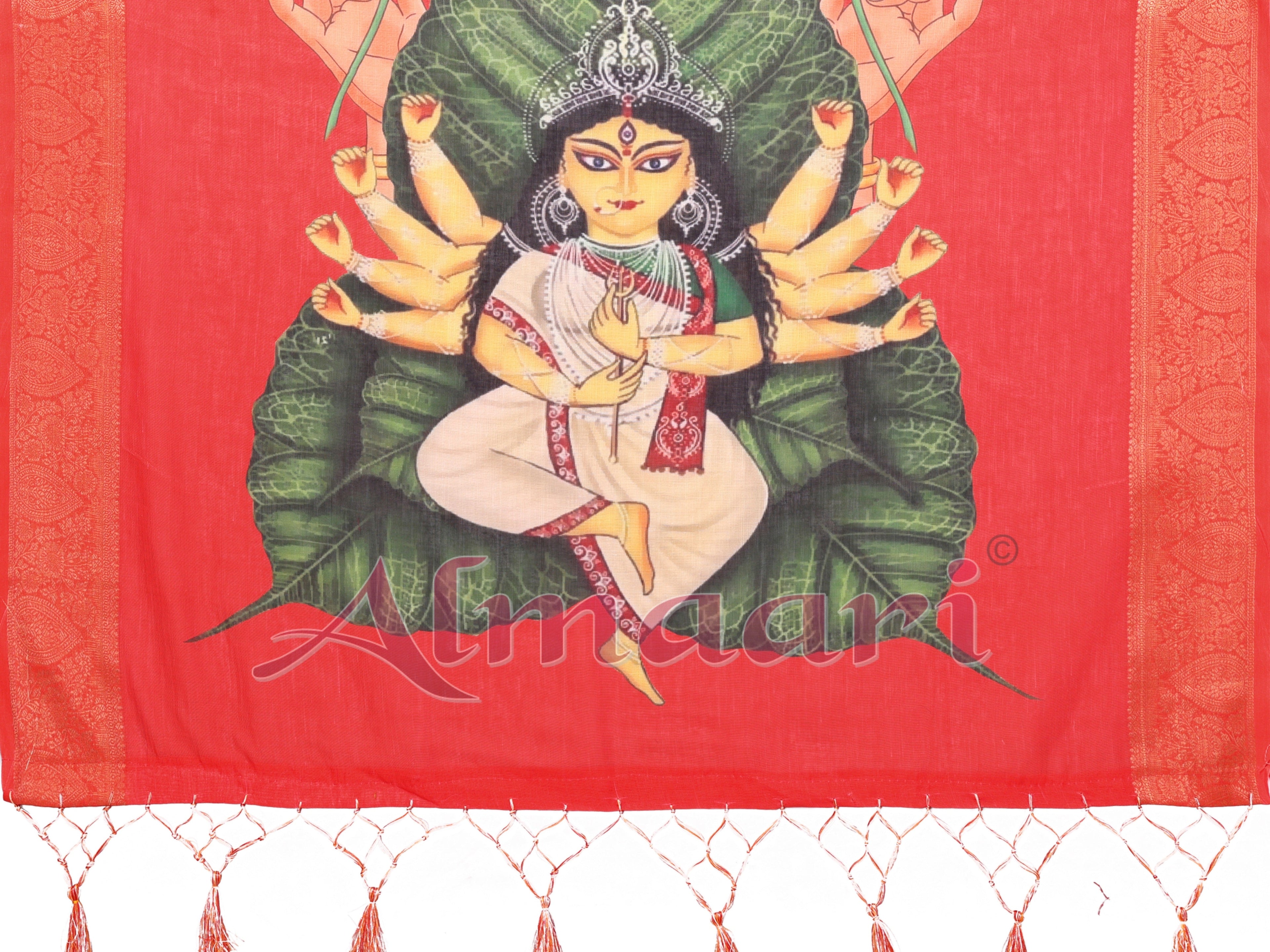 Off-White & Red Handloom Linen Saree with Seated Maa Durga Artwork on Lotus Leaf | Zari Border & Spiritual Calligraphy Pallu