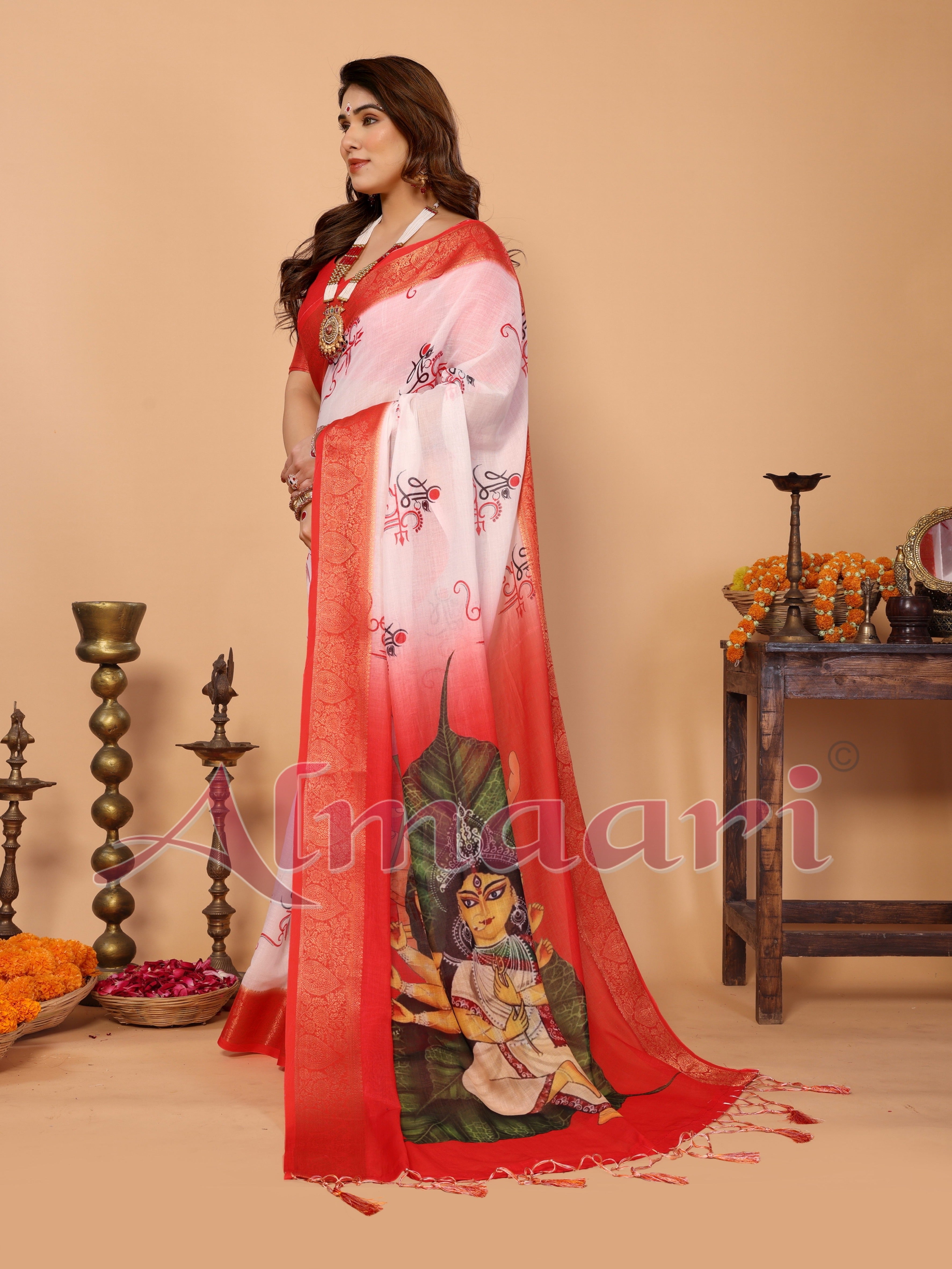 Off-White & Red Handloom Linen Saree with Seated Maa Durga Artwork on Lotus Leaf | Zari Border & Spiritual Calligraphy Pallu