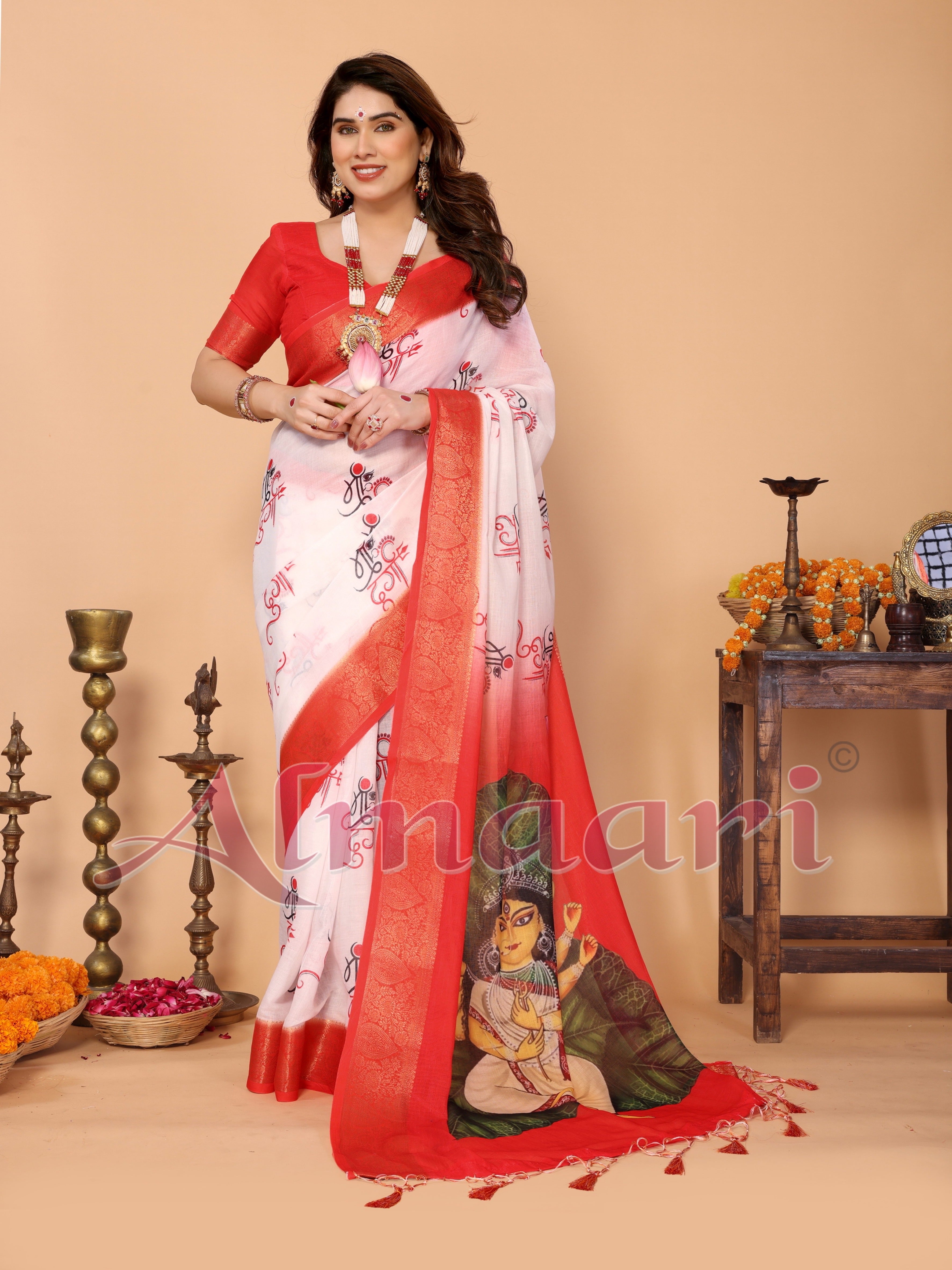 Off-White & Red Handloom Linen Saree with Seated Maa Durga Artwork on Lotus Leaf | Zari Border & Spiritual Calligraphy Pallu