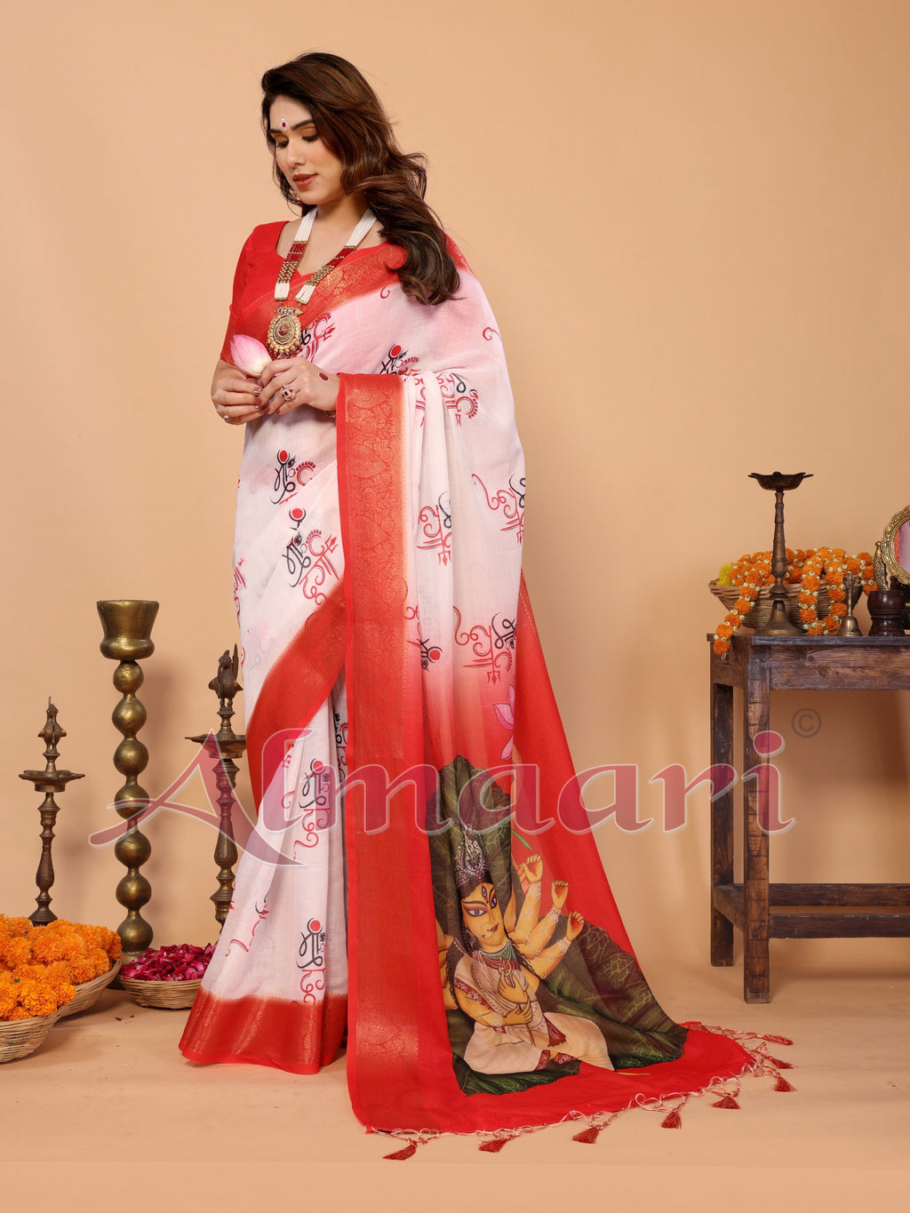Off-White & Red Handloom Linen Saree with Seated Maa Durga Artwork on Lotus Leaf | Zari Border & Spiritual Calligraphy Pallu