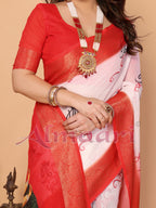 Off-White & Red Handloom Linen Saree with Seated Maa Durga Artwork on Lotus Leaf | Zari Border & Spiritual Calligraphy Pallu