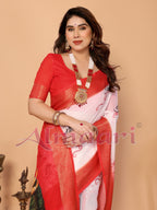 Off-White & Red Handloom Linen Saree with Seated Maa Durga Artwork on Lotus Leaf | Zari Border & Spiritual Calligraphy Pallu