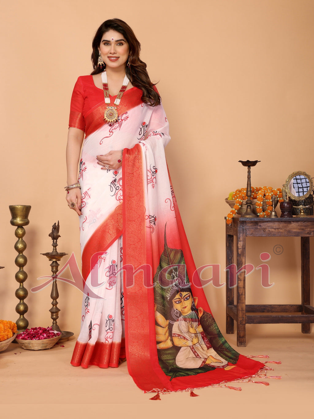 Off-White & Red Handloom Linen Saree with Seated Maa Durga Artwork on Lotus Leaf | Zari Border & Spiritual Calligraphy Pallu