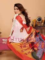 Off-White & Golden Yellow Handloom Linen Saree with Devi Durga Print & Zari Border | Festive Pallu & Tassel Finish