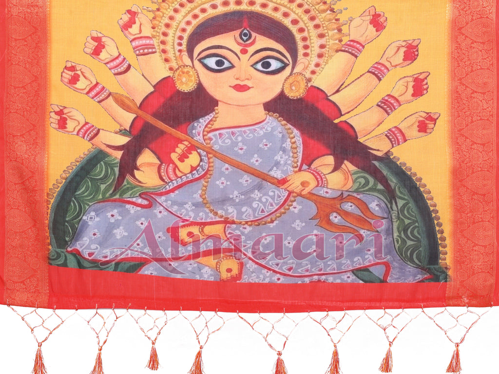 Off-White & Golden Yellow Handloom Linen Saree with Devi Durga Print & Zari Border | Festive Pallu & Tassel Finish