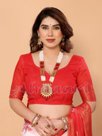 Off-White & Red Handloom Linen Saree with Seated Maa Durga Artwork on Lotus Leaf | Zari Border & Spiritual Calligraphy Pallu