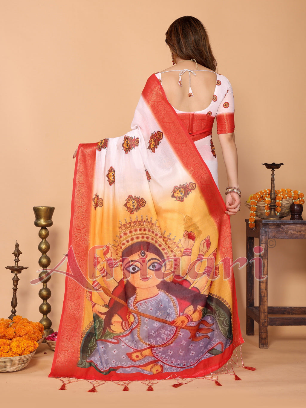 Off-White & Golden Yellow Handloom Linen Saree with Devi Durga Print & Zari Border | Festive Pallu & Tassel Finish