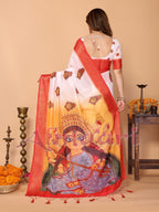 Off-White & Golden Yellow Handloom Linen Saree with Devi Durga Print & Zari Border | Festive Pallu & Tassel Finish