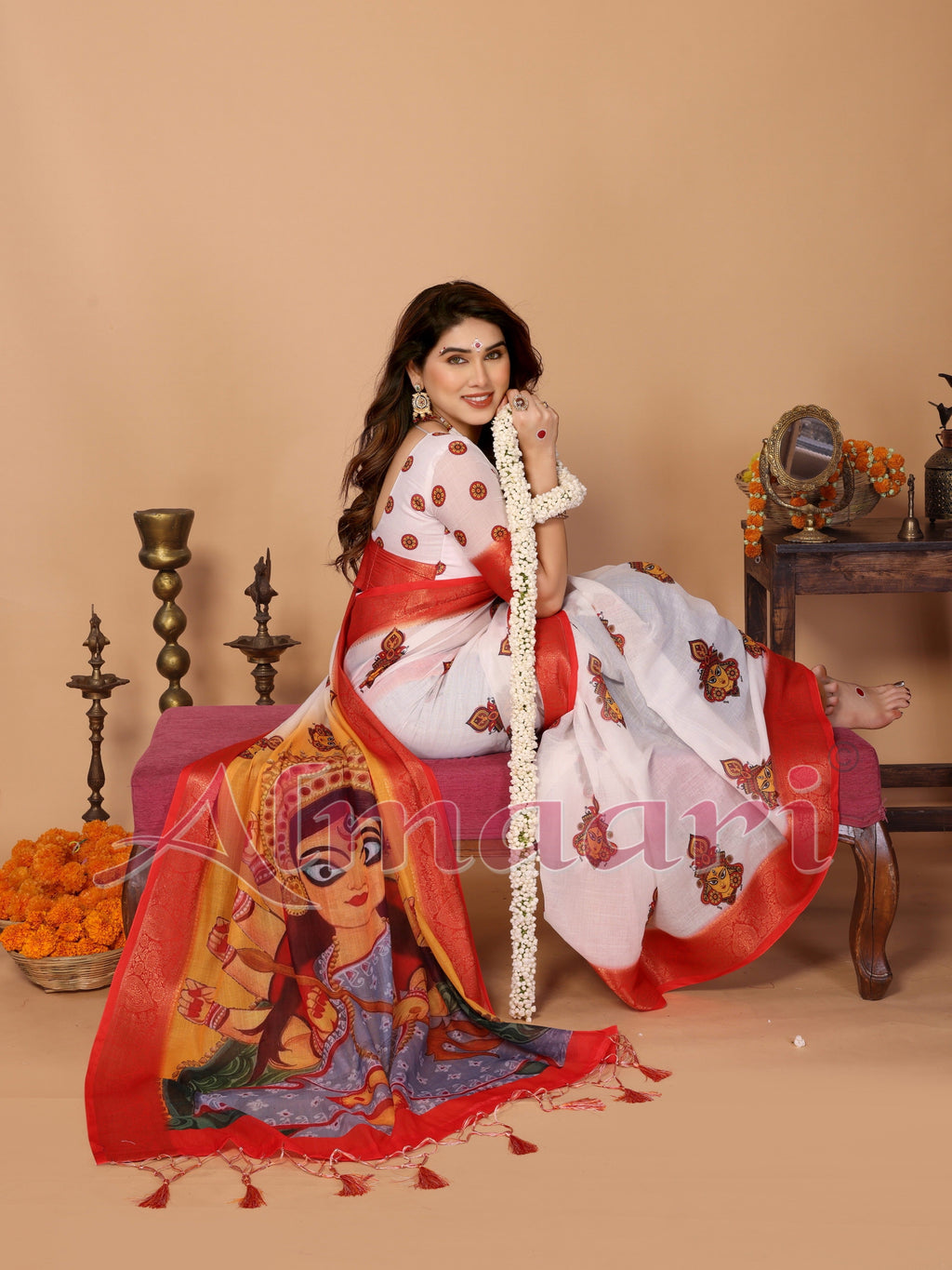 Off-White & Golden Yellow Handloom Linen Saree with Devi Durga Print & Zari Border | Festive Pallu & Tassel Finish