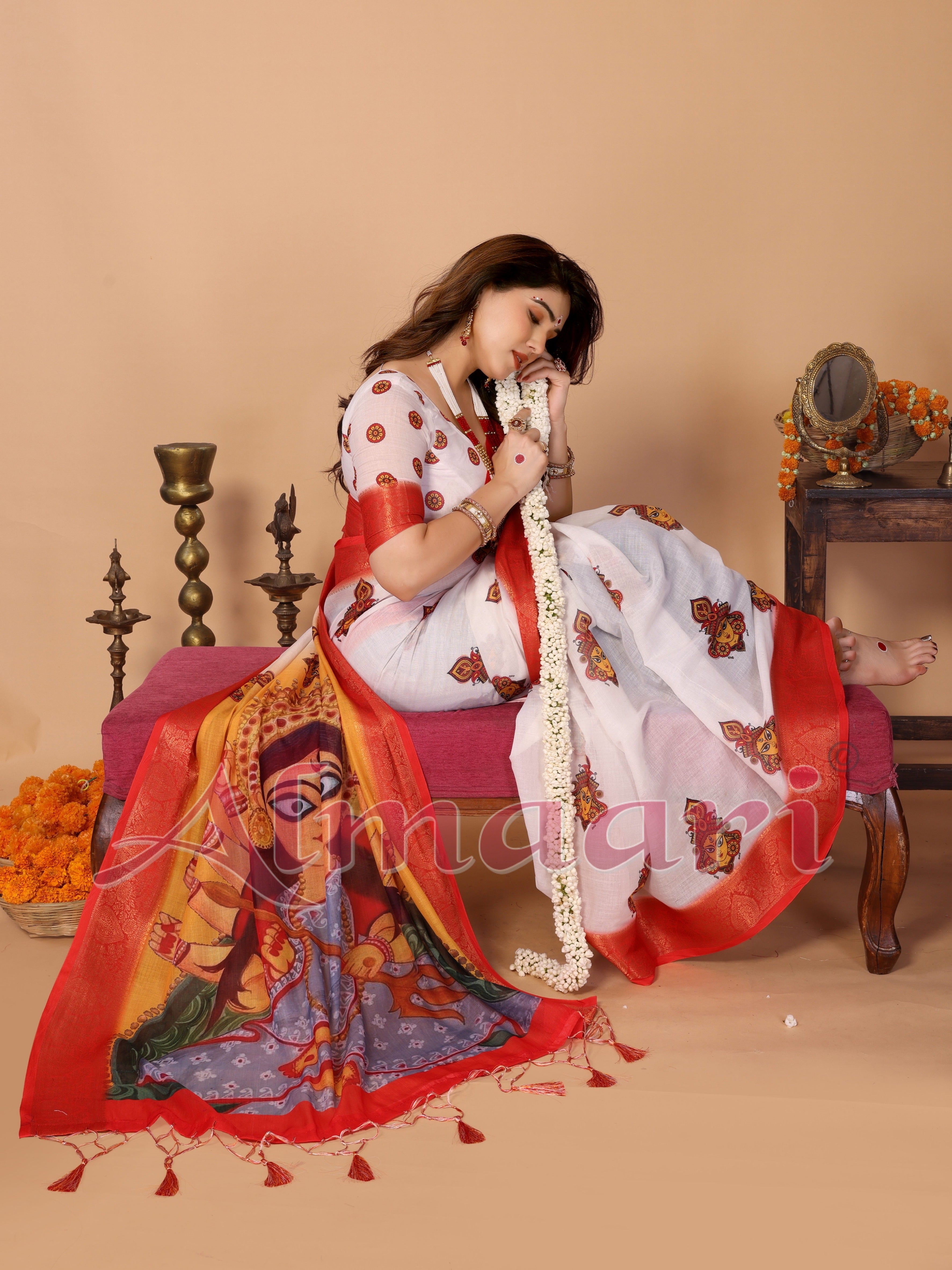 Off-White & Golden Yellow Handloom Linen Saree with Devi Durga Print & Zari Border | Festive Pallu & Tassel Finish