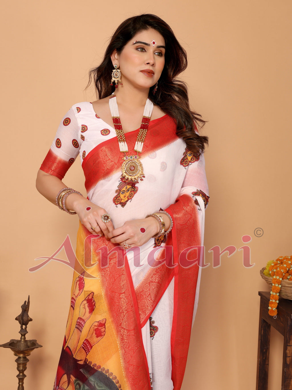 Off-White & Golden Yellow Handloom Linen Saree with Devi Durga Print & Zari Border | Festive Pallu & Tassel Finish