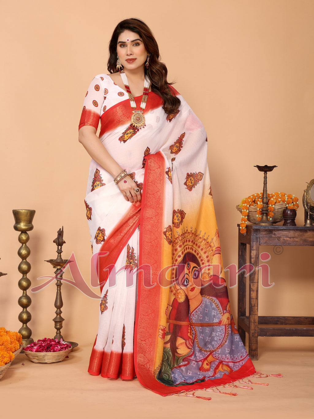 Off-White & Golden Yellow Handloom Linen Saree with Devi Durga Print & Zari Border | Festive Pallu & Tassel Finish