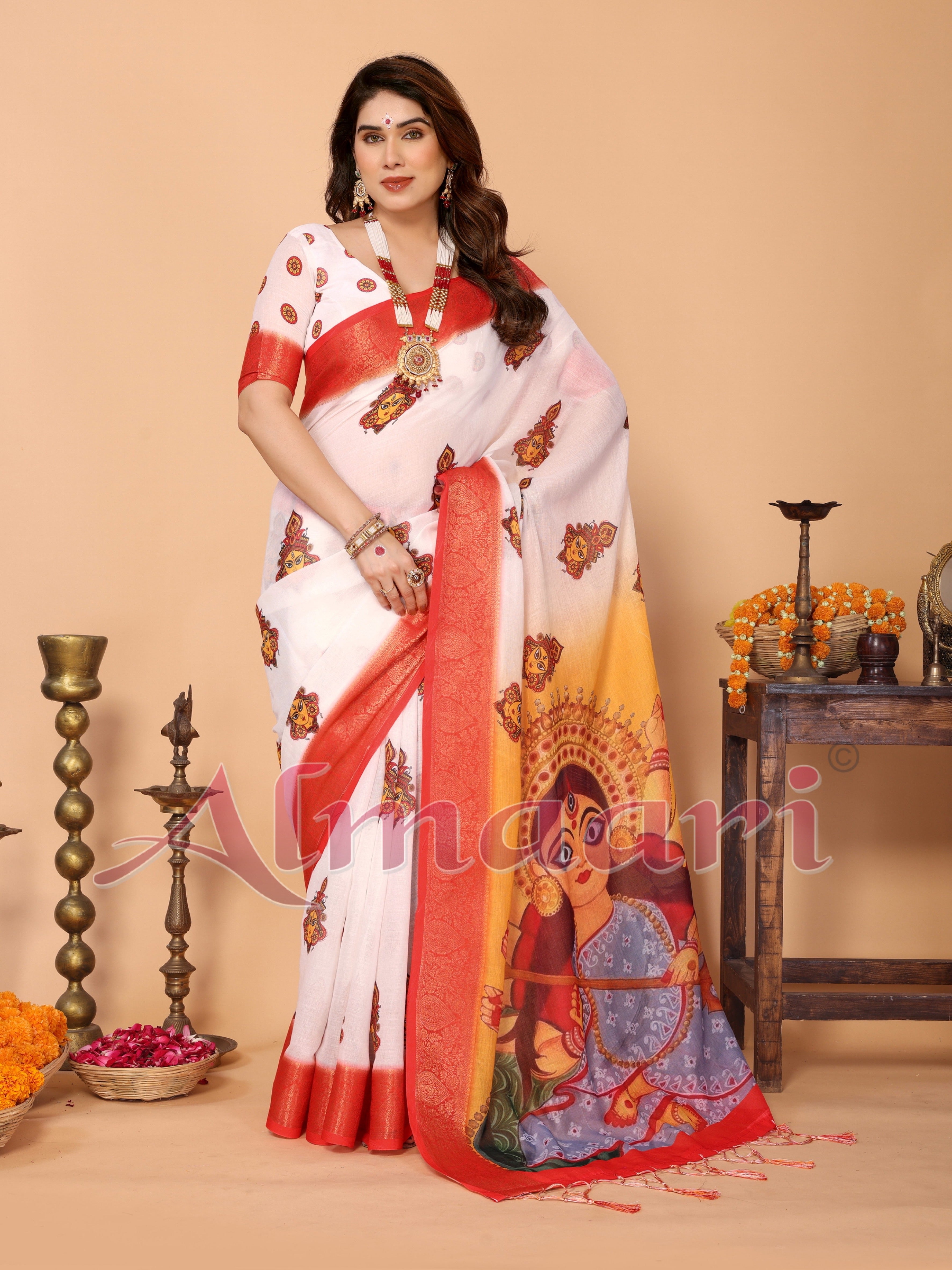 Off-White & Golden Yellow Handloom Linen Saree with Devi Durga Print & Zari Border | Festive Pallu & Tassel Finish