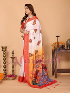 Off-White & Golden Yellow Handloom Linen Saree with Devi Durga Print & Zari Border | Festive Pallu & Tassel Finish