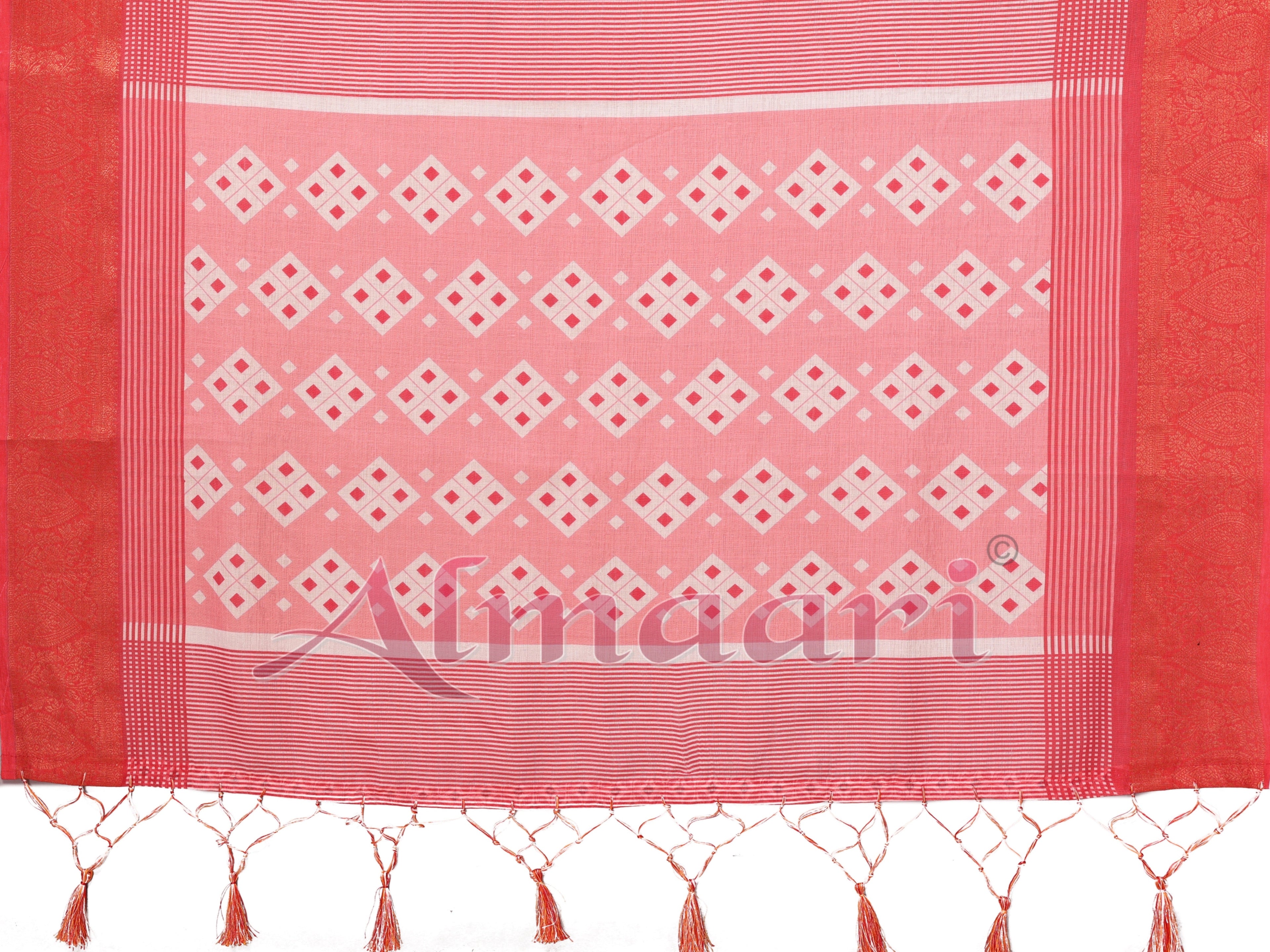 Crimson Red & Cream Handloom Linen Saree with Digital Maa Durga Face & Zari Border | Durga Puja Special Drape with Tassel Pallu