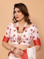 Off-White & Golden Yellow Handloom Linen Saree with Devi Durga Print & Zari Border | Festive Pallu & Tassel Finish