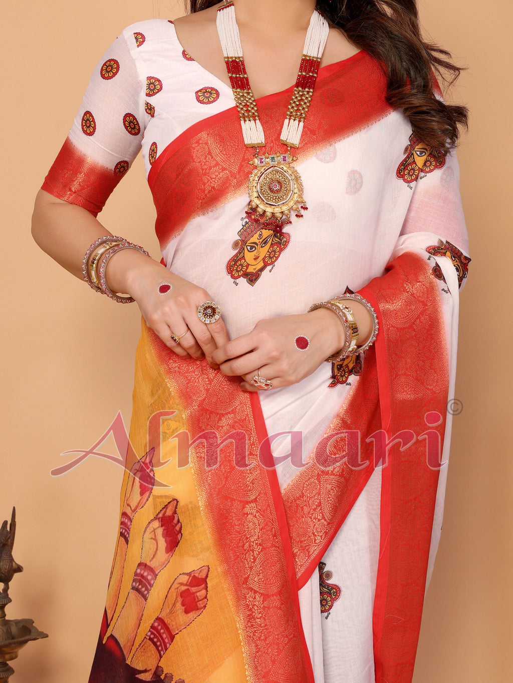 Off-White & Golden Yellow Handloom Linen Saree with Devi Durga Print & Zari Border | Festive Pallu & Tassel Finish