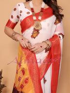 Off-White & Golden Yellow Handloom Linen Saree with Devi Durga Print & Zari Border | Festive Pallu & Tassel Finish