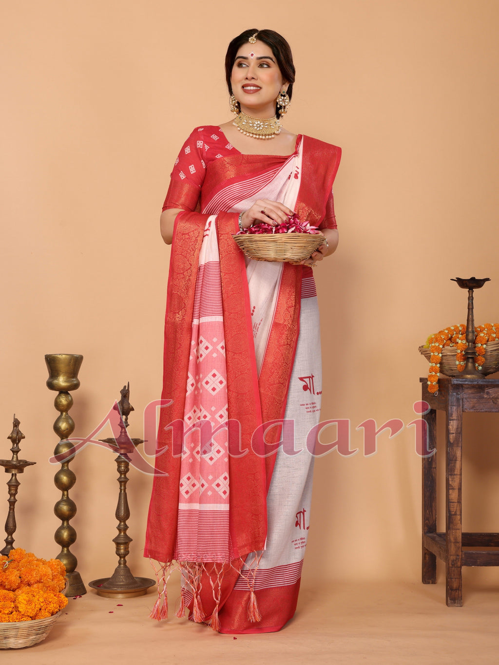 Crimson Red & Cream Handloom Linen Saree with Digital Maa Durga Face & Zari Border | Durga Puja Special Drape with Tassel Pallu