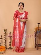 Crimson Red & Cream Handloom Linen Saree with Digital Maa Durga Face & Zari Border | Durga Puja Special Drape with Tassel Pallu