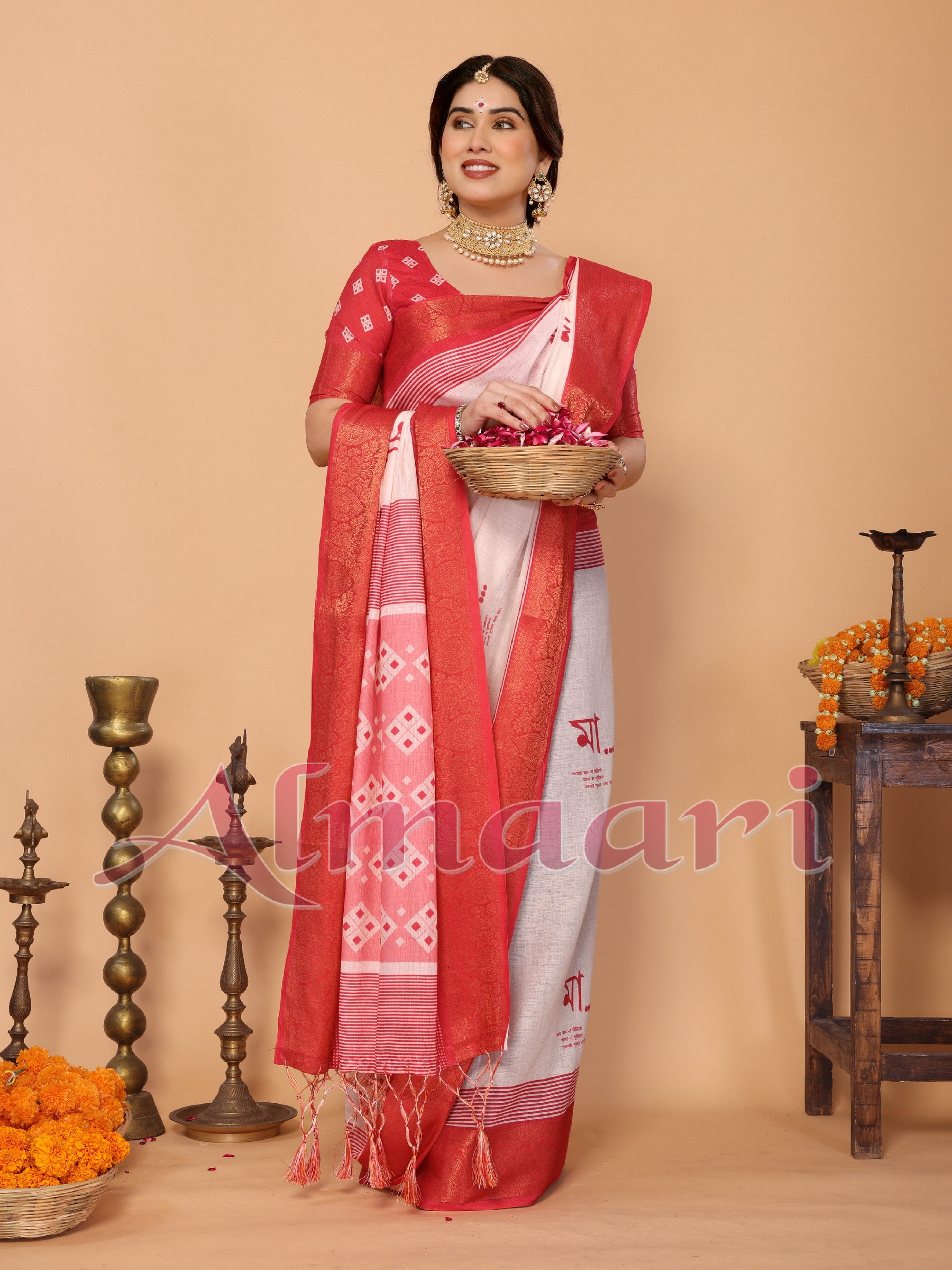 Crimson Red & Cream Handloom Linen Saree with Digital Maa Durga Face & Zari Border | Durga Puja Special Drape with Tassel Pallu