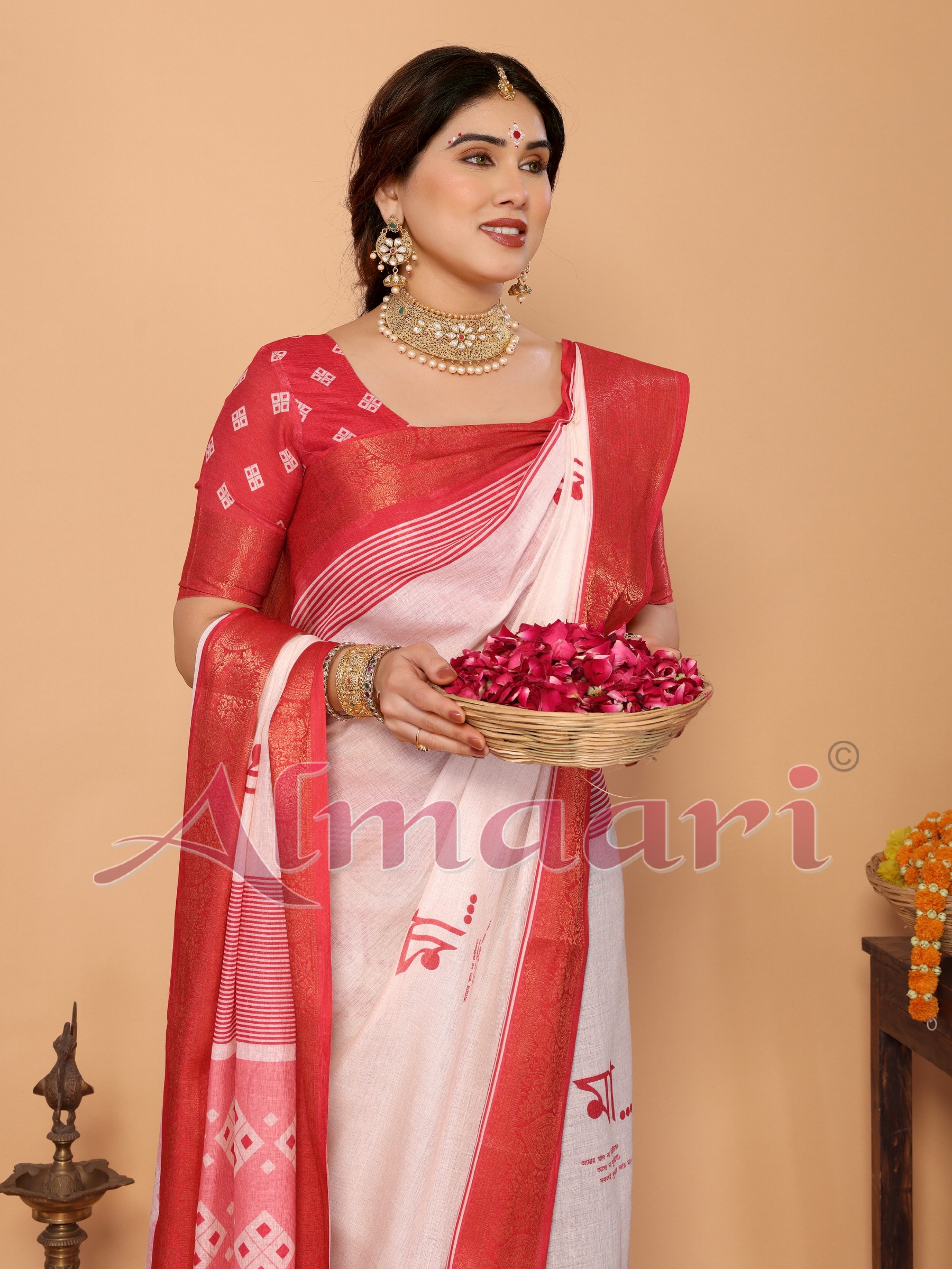 Crimson Red & Cream Handloom Linen Saree with Digital Maa Durga Face & Zari Border | Durga Puja Special Drape with Tassel Pallu