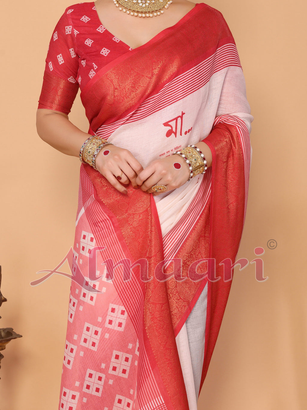 Crimson Red & Cream Handloom Linen Saree with Digital Maa Durga Face & Zari Border | Durga Puja Special Drape with Tassel Pallu