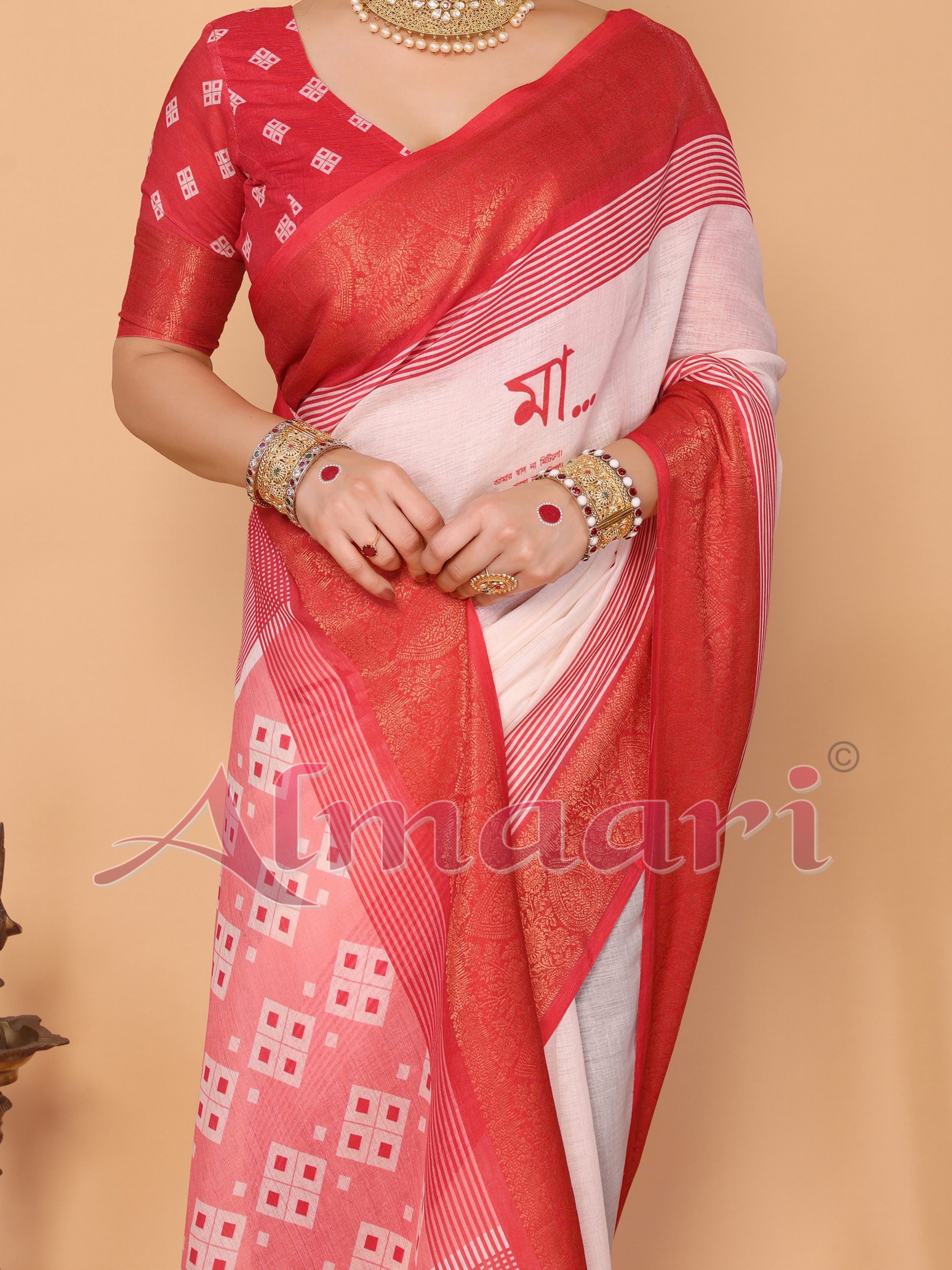 Crimson Red & Cream Handloom Linen Saree with Digital Maa Durga Face & Zari Border | Durga Puja Special Drape with Tassel Pallu