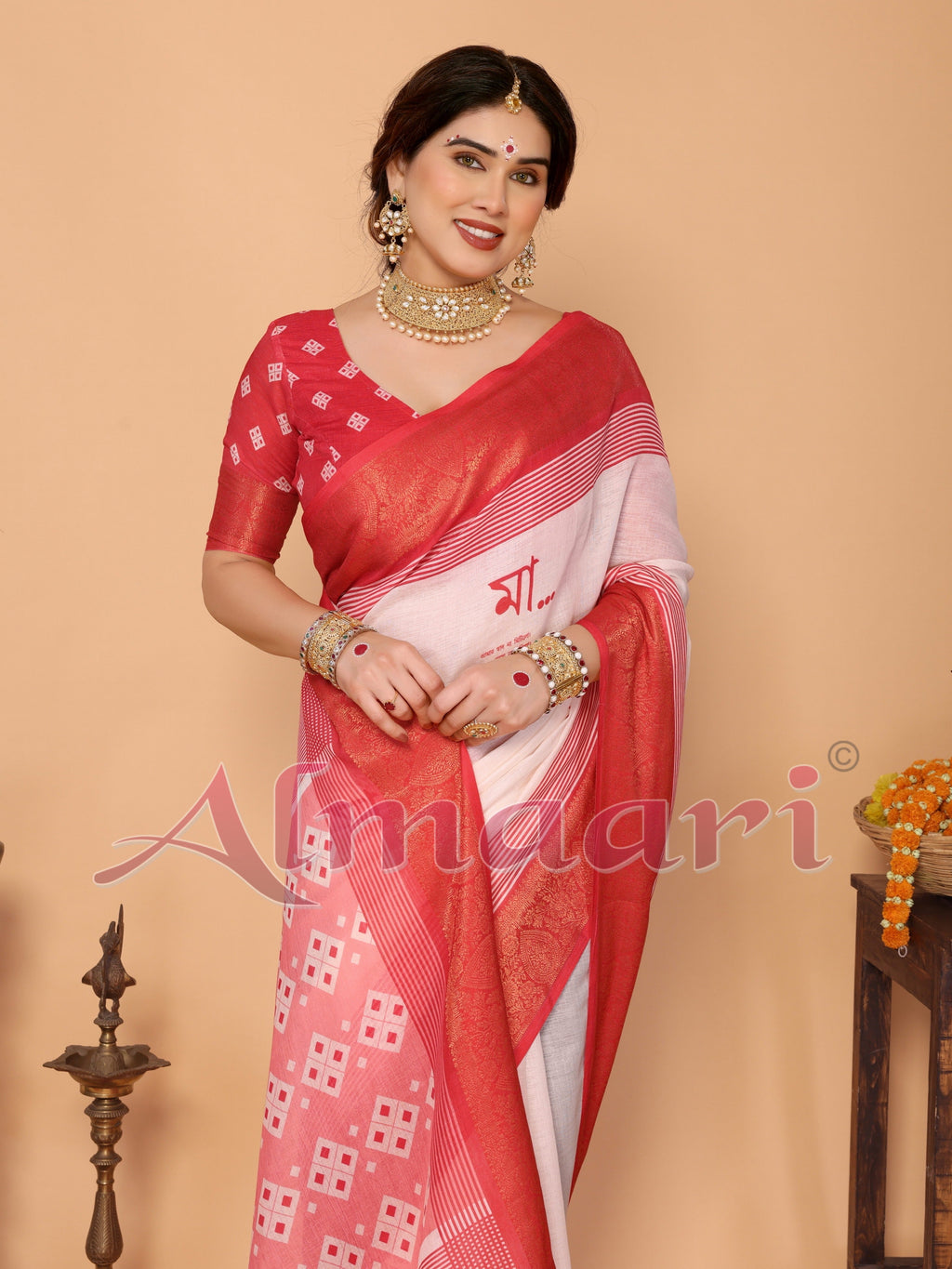 Crimson Red & Cream Handloom Linen Saree with Digital Maa Durga Face & Zari Border | Durga Puja Special Drape with Tassel Pallu