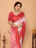 Crimson Red & Cream Handloom Linen Saree with Digital Maa Durga Face & Zari Border | Durga Puja Special Drape with Tassel Pallu