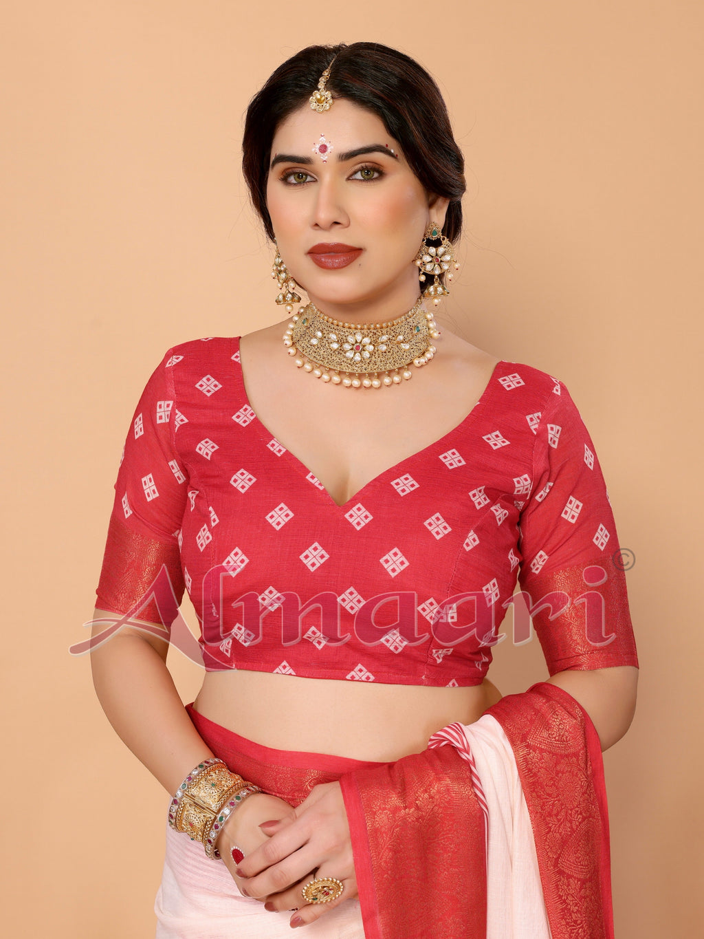 Crimson Red & Cream Handloom Linen Saree with Digital Maa Durga Face & Zari Border | Durga Puja Special Drape with Tassel Pallu