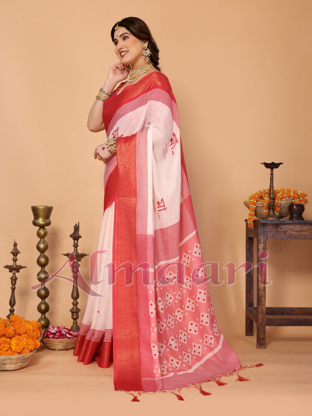 Crimson Red & Cream Handloom Linen Saree with Digital Maa Durga Face & Zari Border | Durga Puja Special Drape with Tassel Pallu