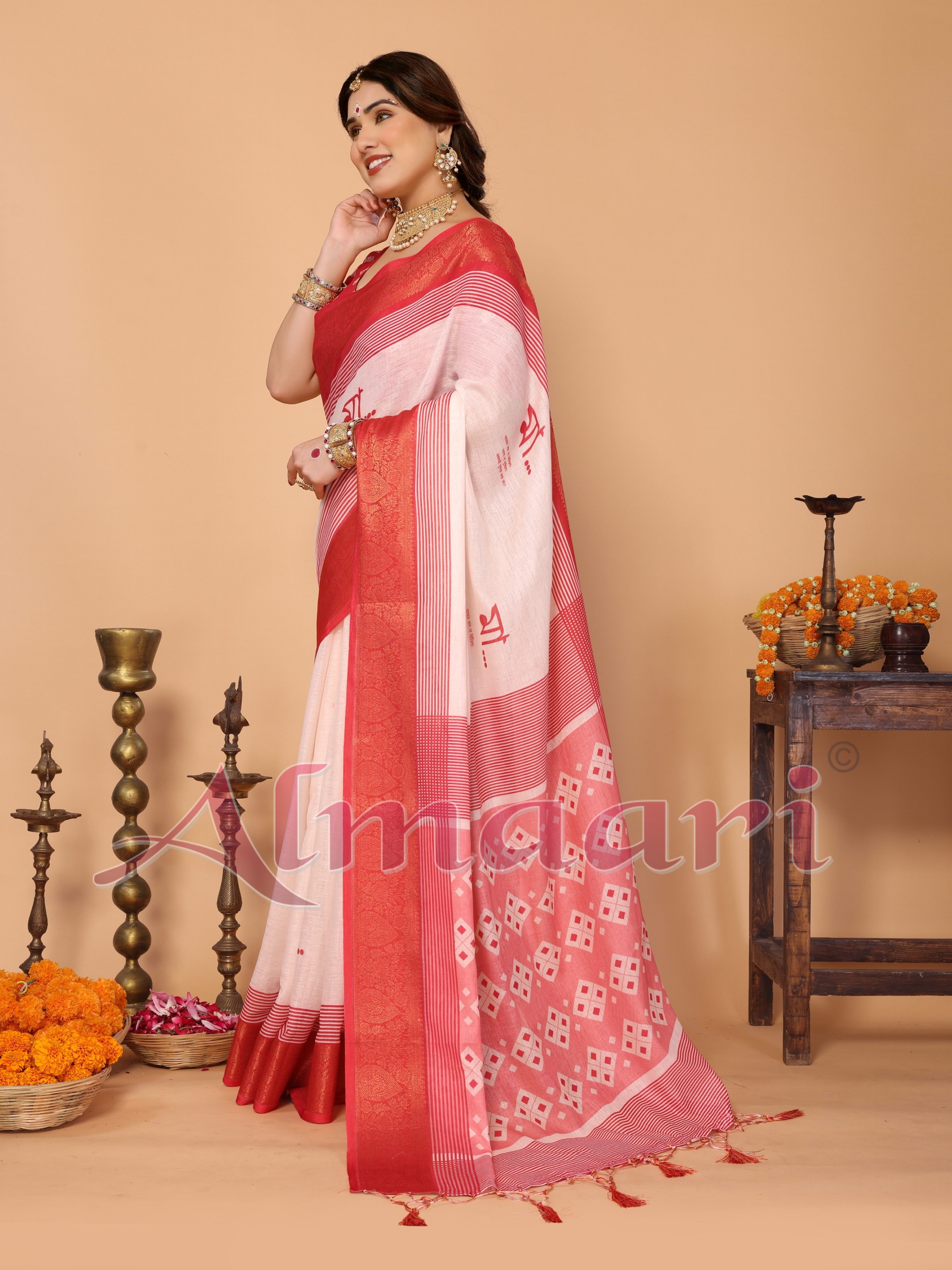 Crimson Red & Cream Handloom Linen Saree with Digital Maa Durga Face & Zari Border | Durga Puja Special Drape with Tassel Pallu