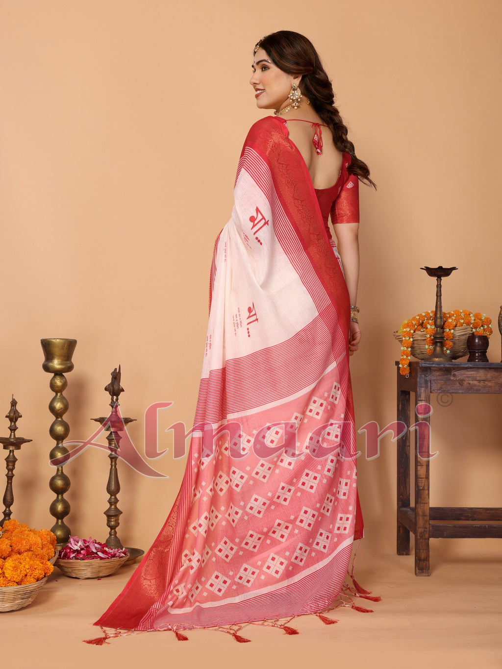 Crimson Red & Cream Handloom Linen Saree with Digital Maa Durga Face & Zari Border | Durga Puja Special Drape with Tassel Pallu