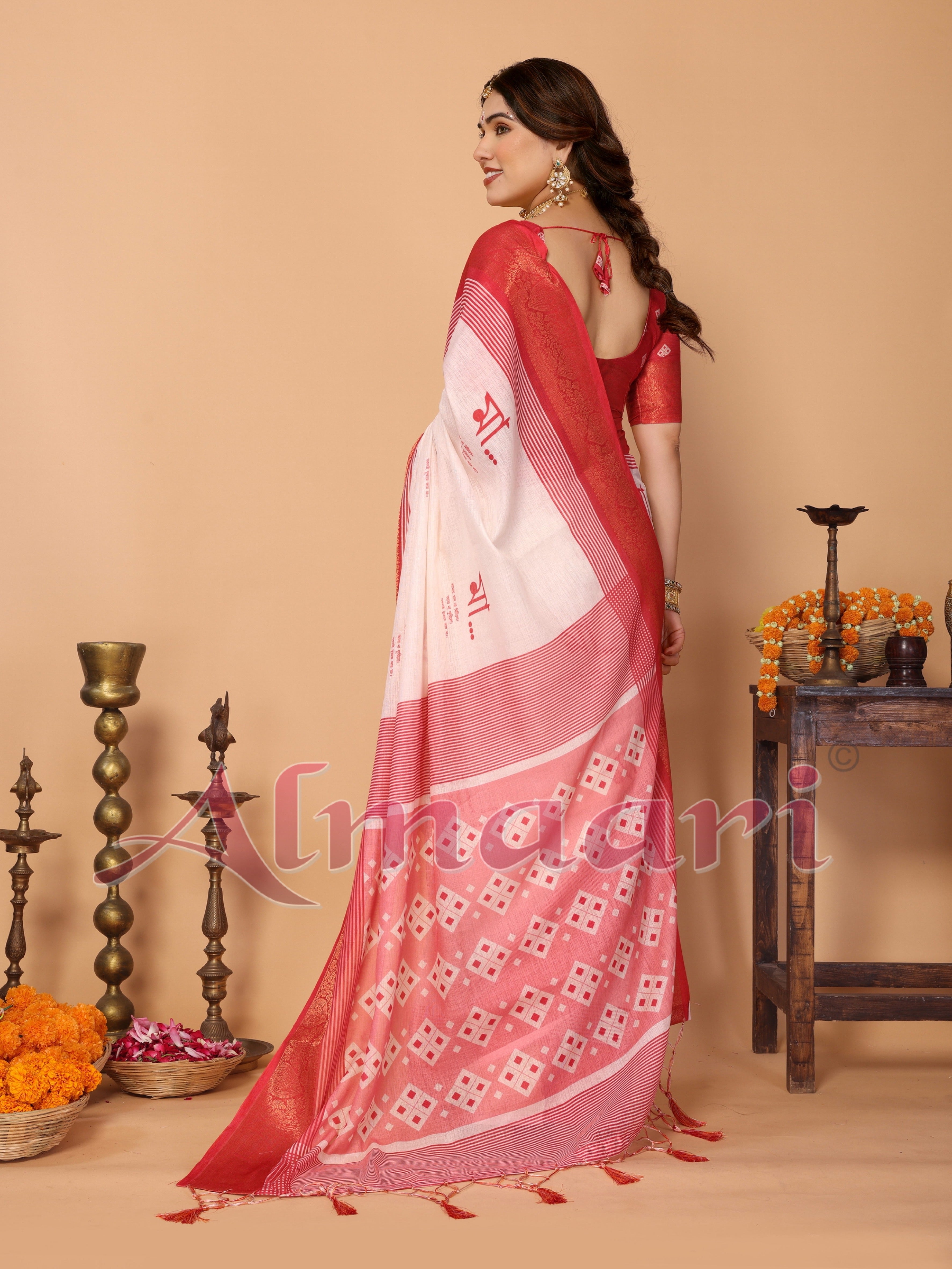 Crimson Red & Cream Handloom Linen Saree with Digital Maa Durga Face & Zari Border | Durga Puja Special Drape with Tassel Pallu