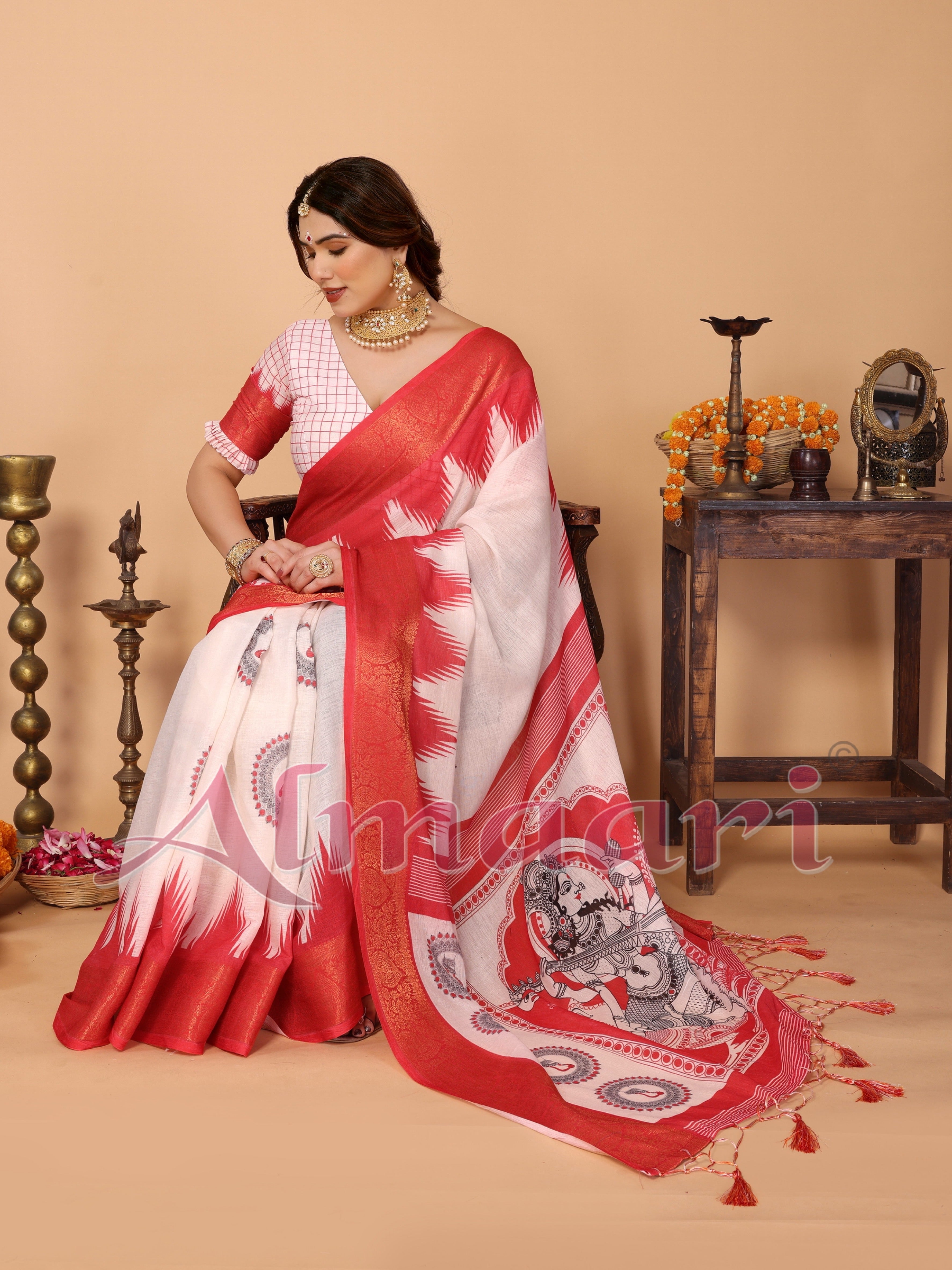 Off-White & Vermilion Red Handloom Linen Saree with Digital Goddess Saraswati Artwork & Zari Border – Festive Durga Puja Collection