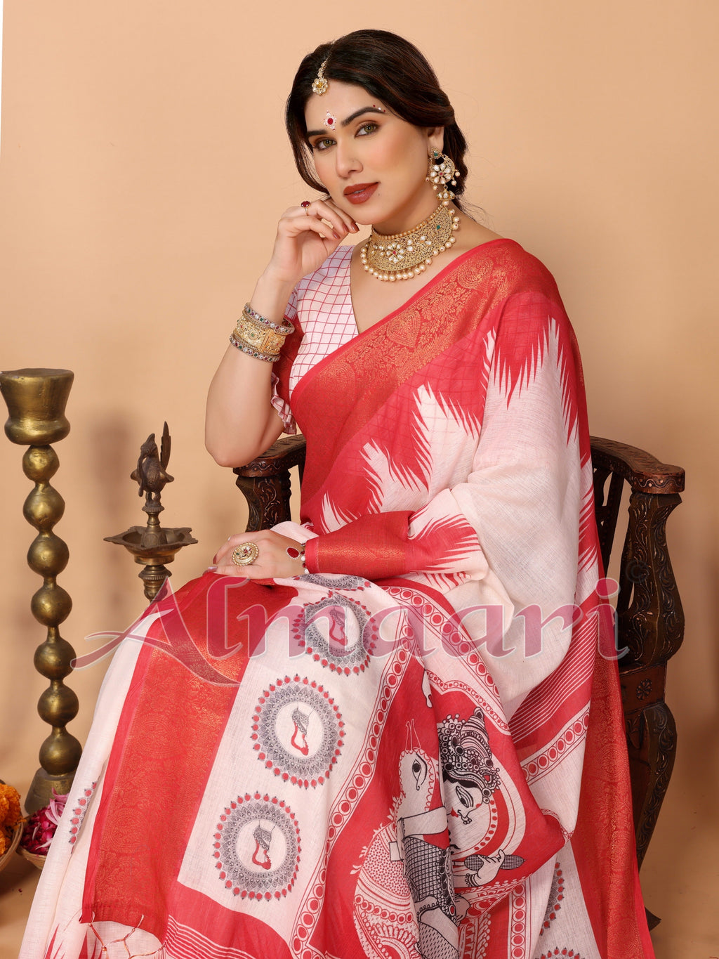Off-White & Vermilion Red Handloom Linen Saree with Digital Goddess Saraswati Artwork & Zari Border – Festive Durga Puja Collection